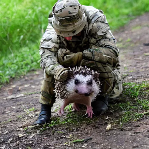 Prompt: still image of a hedgehog wearing body armor, hedgehog soldier, the hedgehog is holding a rifle, photo