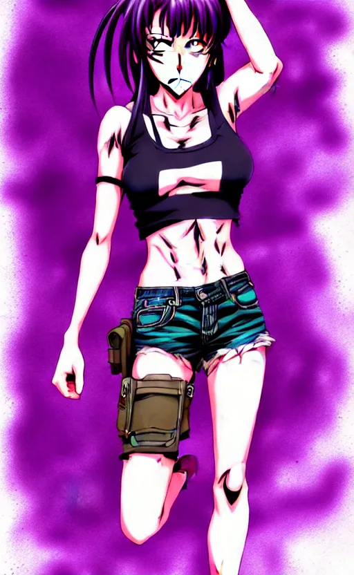 Image similar to style of madhouse studio anime, black lagoon manga, loish, artgerm, comic art, portrait of revy from black lagoon, symmetrical eyes and symmetrical face, jean shorts, white tank top, purple hair, sarcastic evil smirk on face, sky and ocean background