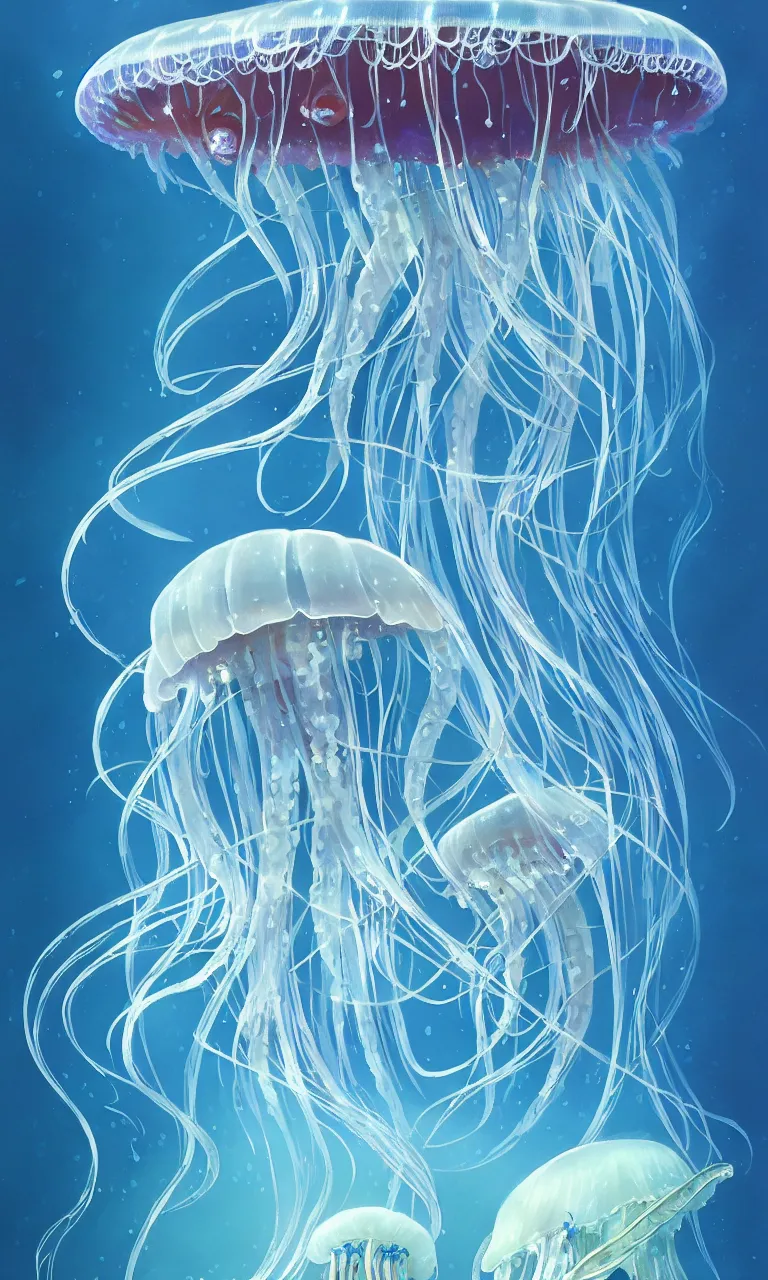 Image similar to detailed jellyfish, blue tones, underwater, full frame, highly detailed, digital painting, artstation, concept art, smooth, sharp focus, illustration, art greg rutkowski and alphonse mucha