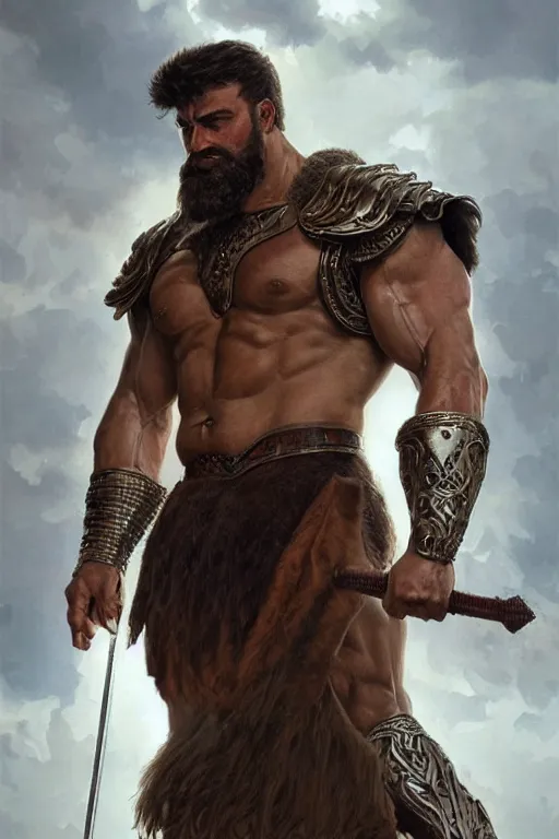 Prompt: ultra realistic illustration, a hulking herculean gigachad with simple silver armour, thick brown beard, wavy smooth brown hair, intricate, elegant, highly detailed, digital painting, artstation, concept art, smooth, sharp focus, illustration, art by artgerm and greg rutkowski and alphonse mucha