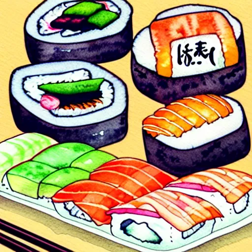 Prompt: a high detail watercolor of anime sushi. pixiv fanbox skeb.jp clipstudio medibang ichi-up CGWORLD key visual manga cover