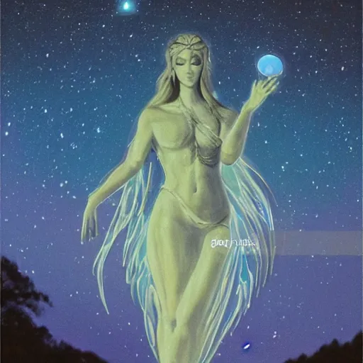 Prompt: a giant beautiful glowing blue goddess in the night sky