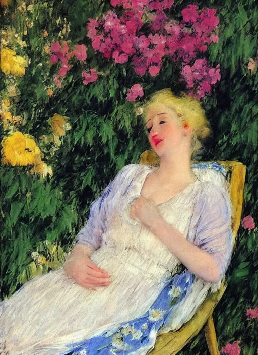 Prompt: vintage beautiful painting of a beautiful blonde woman lying between 💐 in an overgrown glass house in Mary Cassatt style