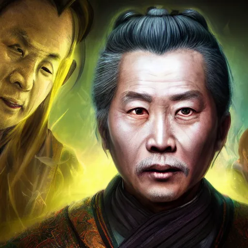 Image similar to portrait painting of a 6 0 year old kind handsome taoist priest, big eyes, deep silhouette ， silver ponytail hair, amiable by yangjun chen, huang guangjian, fenghua zhong, wenjun lin, nadar, bright colors, octopath traveler, unreal engine 5 highly rendered, global illumination, radiant light, detailed and intricate environment