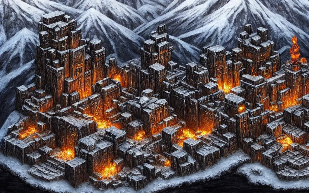 Image similar to a dwarven fortress that was chiseled out of a snowy mountain, matte oil painting, covered in runes, lava rivers, epic, medieval fantasy landscape, deep halls, torches, waterwheels, ornate jewels, trading depots, steel infrastructure, extremely detailed, sharp focus