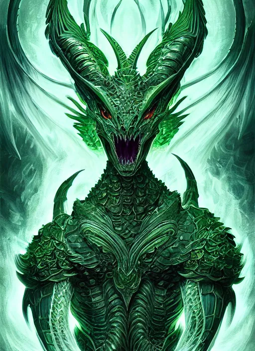 Image similar to muscular and tall green ghostly fire humanoid dragon!!!! draconian!! intricate ornate iridescent heavy armor!! character concept art, sharp focus, octane render! unreal engine 5! highly rendered!! trending on artstation!! detailed linework!! illustration by artgerm, wlop, and chie yoshii