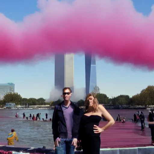 Prompt: a proud couple standing in front of 9 / 1 1 with pink smoke