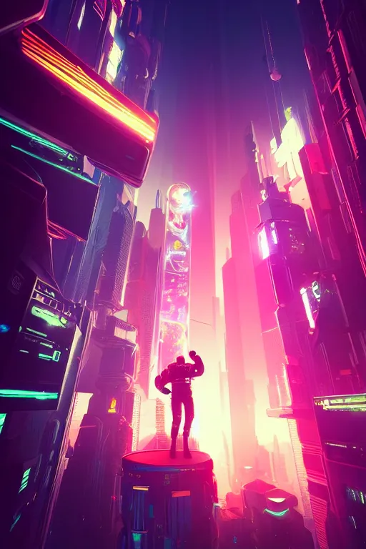 Prompt: A picture of an astronaut close to the camera in a upside down cyberpunk flying city by moebius, Neil Blevins and Jordan Grimmer, neon lights, surreal, volumetric:-3 lighting