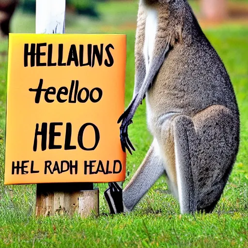 Prompt: <photograph quality=high accurate=true readable=true>Kangaroo holds sign that says Hello</photograph>