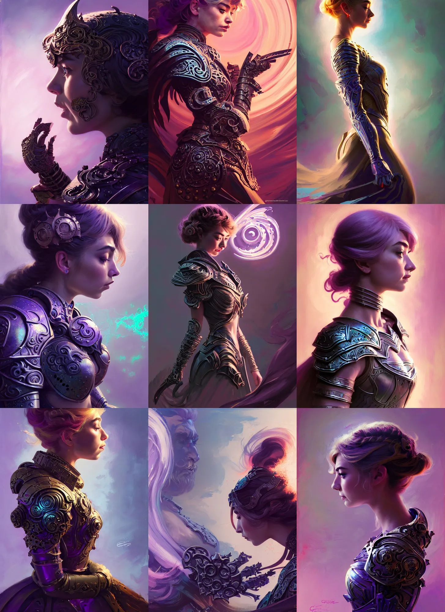 Prompt: side profile, imogen poots, evil paladin, intricate metal armor, gloomhaven, luminescent, evil dark swirly ripples, sickly pastel colors, by greg manchess, huang guangjian, gil elvgren, sachin teng, greg rutkowski, jesper ejsing, ilya kuvshinov