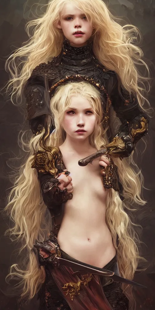 Image similar to portrait of a blonde vampire girl, child, freckles, fierce, messy curly hair, dark leather armor, sword, intricate and very beautiful and elegant, highly detailed, digital painting, artstation, concept art, smooth and sharp focus, cg by tian zi and wlop and alphonse mucha