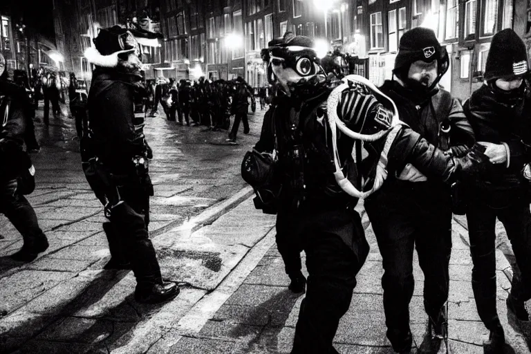 Prompt: photography of a cypherpunk being arrested in amsterdam at night