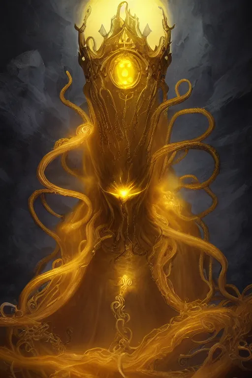 Image similar to A full body portrait of a mysterious character with no face with a very long hooded yellow cloak, a golden crown floating above his head, tentacles coming out the ground art by Shaddy Safadi and Jason Chan, ominous, cosmic horror, trending on artstation, Ultra detailed, hyper realistic 4k