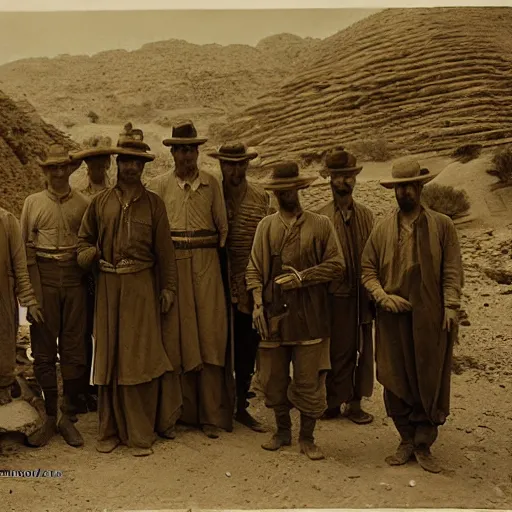 Image similar to ultra detailed photorealistic sepia - toned photo from 1 9 1 7, clean - shaven british soldiers standing with bedouin traders in traditional arab garb, at an archaeological dig site in wadi rum, ultra realistic, painted, intricate details, lovecraft, atmospheric, dark, horror, brooding, highly detailed, by clyde caldwell