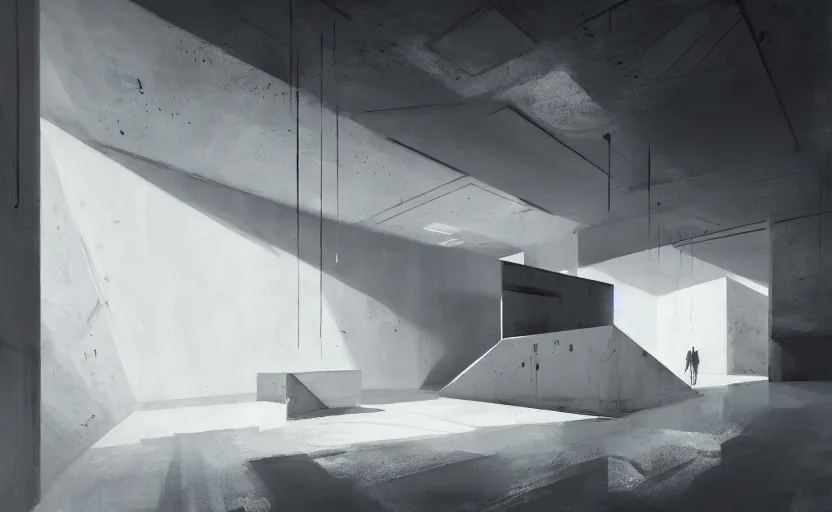 Prompt: painting of interior shot of a white concerete brutalist contemporary art museum with abstract artworks hanging on the wall by darek zabrocki and greg ruthkowski, cinematic and cold atmospheric, archillect concept art, artstation, trending on artstation