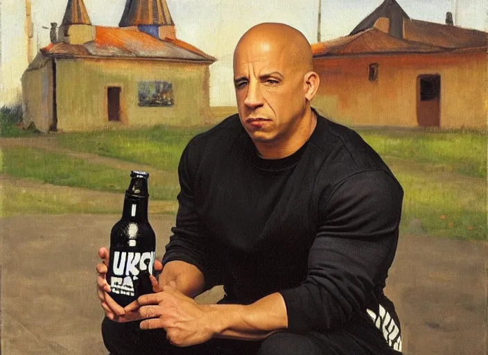 Prompt: vin diesel in black adidas sport costume, as gopnik character, sitting on a bench with a bottle of beer in the courtyard of a provincial russian town, intricate, oil on canvas, naturalism