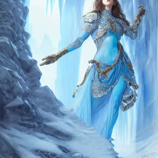 Prompt: ice princess standing in doorway to blue ice glacier fortress, fantasy, intricate, elegant, highly detailed, digital painting, artstation, concept art, matte, sharp focus, illustration, art by artgerm and greg rutkowski and alphonse mucha