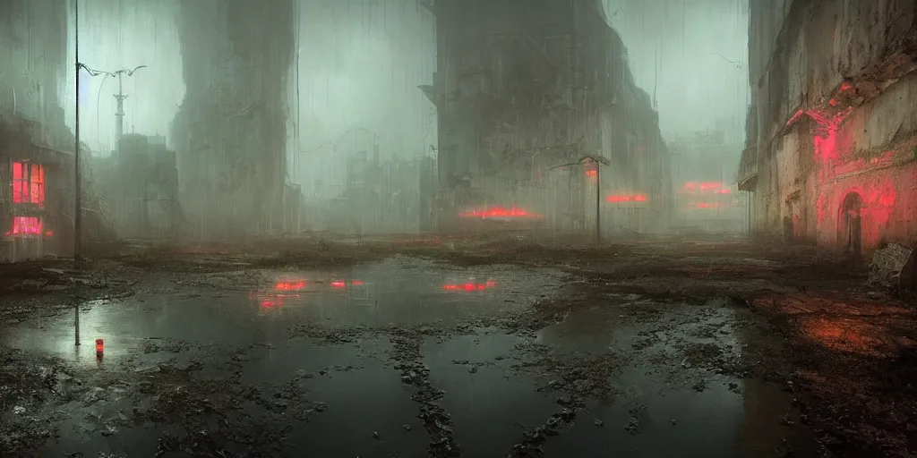 Image similar to beautiful render of abandoned caastle, by lee madgwick and hubert robert, puddles of water, blade runner style, neon glow, vivid color, moody lighting, unreal engine, foggy