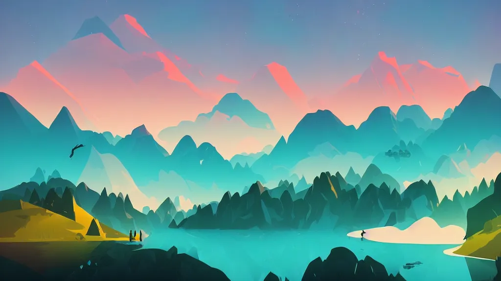 Image similar to mountains, trees, and lake, by anton fadeev