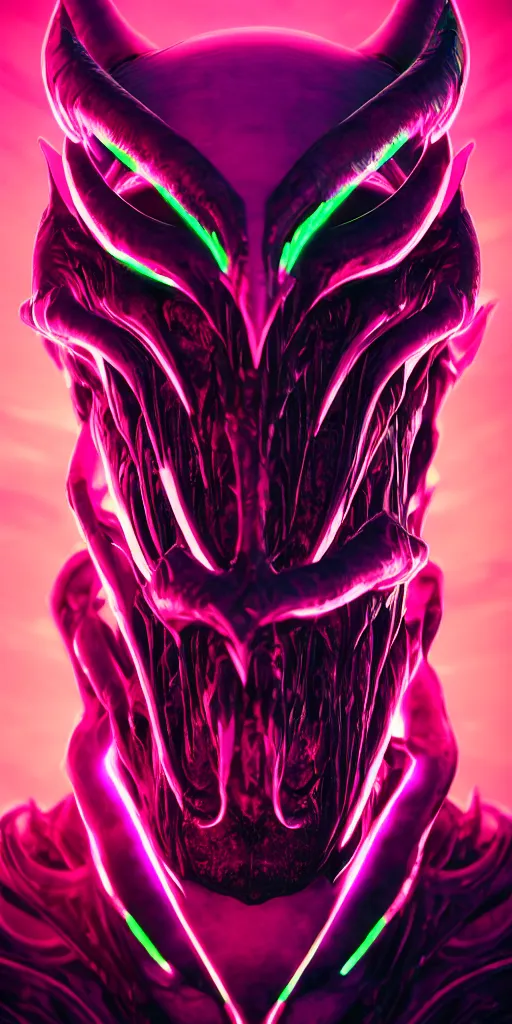 Image similar to synthwave demonic alien face with neon horns, detailed face, sharp focus, synthwave art, aesthetic, octane render, raw, cinematic