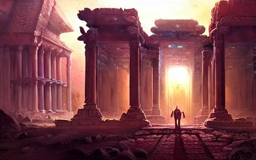 Prompt: beautiful hyperrealistic epic painting of the mysterious intricate ruins of a temple from an advanced alien civilization under the crescent moon, by hubert robert and lee madwick and bastien lecouffe deharme, dramatic lighting