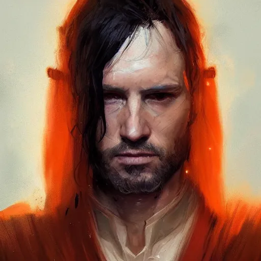 Prompt: portrait of a man by greg rutkowski, jedi master, arabian features, messy long black hair, wearing orange jedi robes, star wars expanded universe, he is about 6 0 years old, highly detailed portrait, digital painting, artstation, concept art, smooth, sharp foccus ilustration, artstation hq