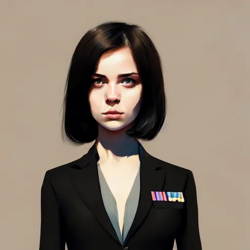 Image similar to young british special ops female in black tuxedo, muted colors, matte print, pastel colors, 2d, ultra highly detailed, smooth, sharp focus, digital art, digital painting, fan art, elegant, artstation, head is centered, by Ilya Kuvshinov