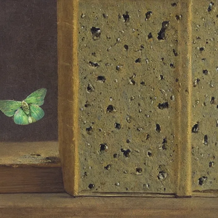 Image similar to a book with overgrown mold, moth. painting by frank sedlacek.