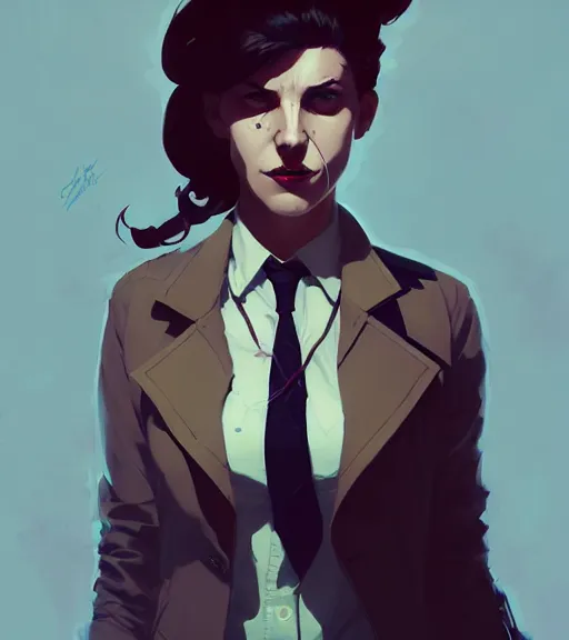 Image similar to portrait of a female john constantine by atey ghailan, by greg rutkowski, by greg tocchini, by james gilleard, by joe fenton, by kaethe butcher, dynamic lighting, gradient light blue, brown, blonde cream and white color scheme, grunge aesthetic