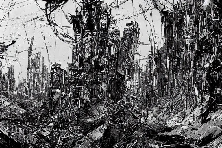 Image similar to no man's land, remnants of the human civilization, post-apocalyspe, by Tsutomu Nihei
