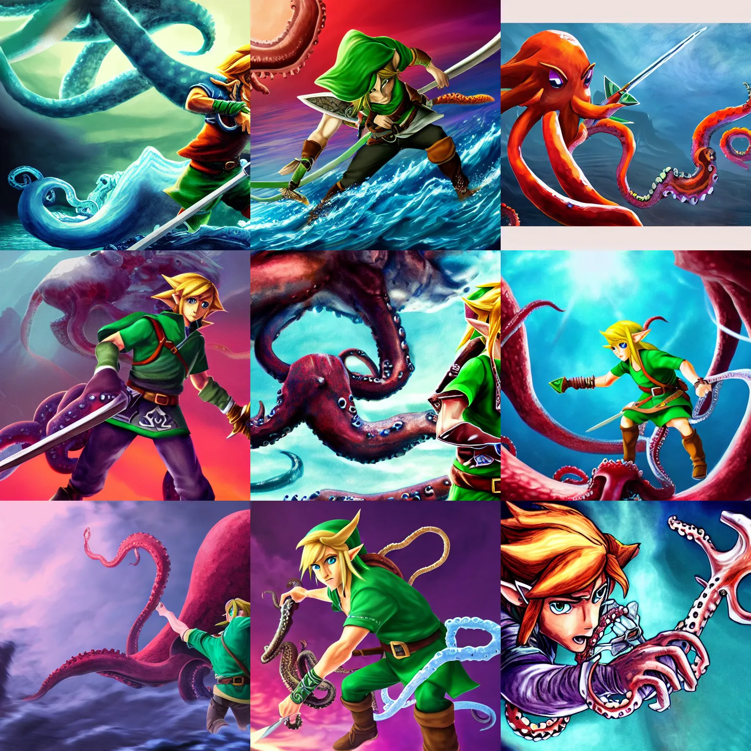 Prompt: detailed image of link from legend of zelda fighting a giant octopus, rich deep colors, cinematic