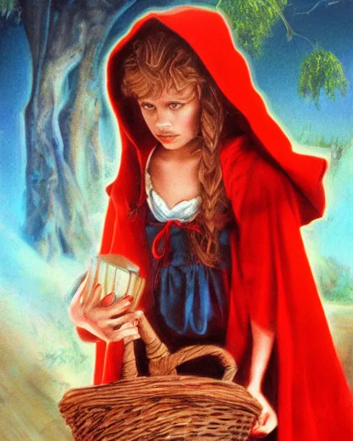 Image similar to little red riding hood, airbrush, drew struzan illustration art, key art, movie poster