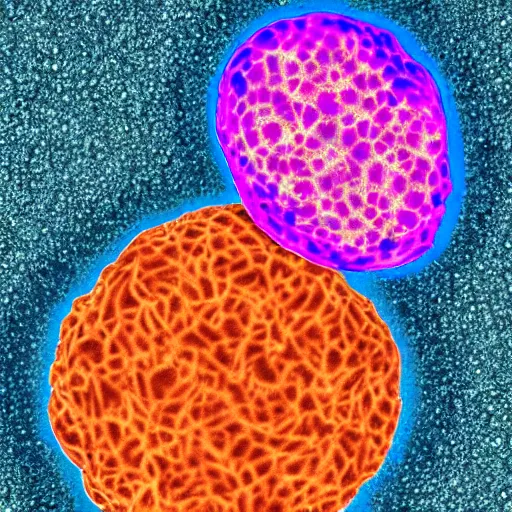 Image similar to a microscopy image showing a cell with a normal nucleus and one cell with an abnormal stained nucleus, confocal miscroscopy, paper, cell journal, cell biology, nature journal, science