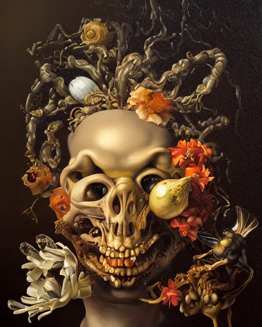 Image similar to refined gorgeous blended oil painting with black background by christian rex van minnen rachel ruysch dali todd schorr of a chiaroscuro portrait of an extremely bizarre disturbing mutated man made of still life flowers and rubber insects with shiny skin acne dutch golden age vanitas intense chiaroscuro cast shadows obscuring features dramatic lighting perfect symmetry perfect composition masterpiece