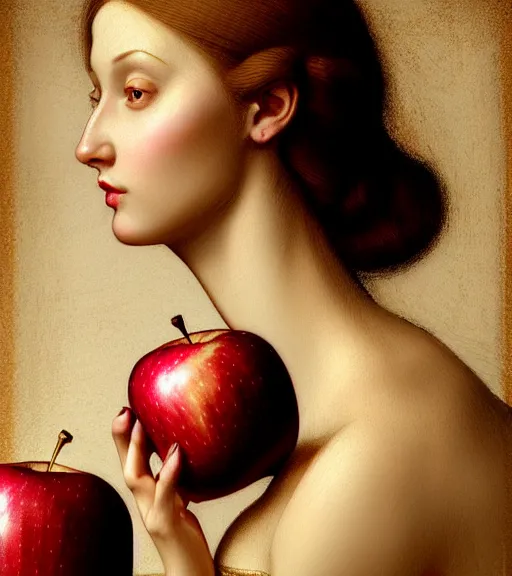 Prompt: portrait of a woman and an apple sitting upon a table with heightened detail, poised, intense emotion, detailed facial expression, detailed surroundings, intricate, elegant, highly detailed, centered, digital painting, artstation, concept art, smooth, sharp focus, illustration, by ( leonardo da vinci ), wlop