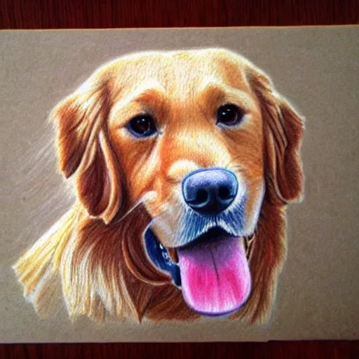 Prompt: finished 8 2 years old drawing of a golden retriever, crayons. high details, photorealistic, artstation trending