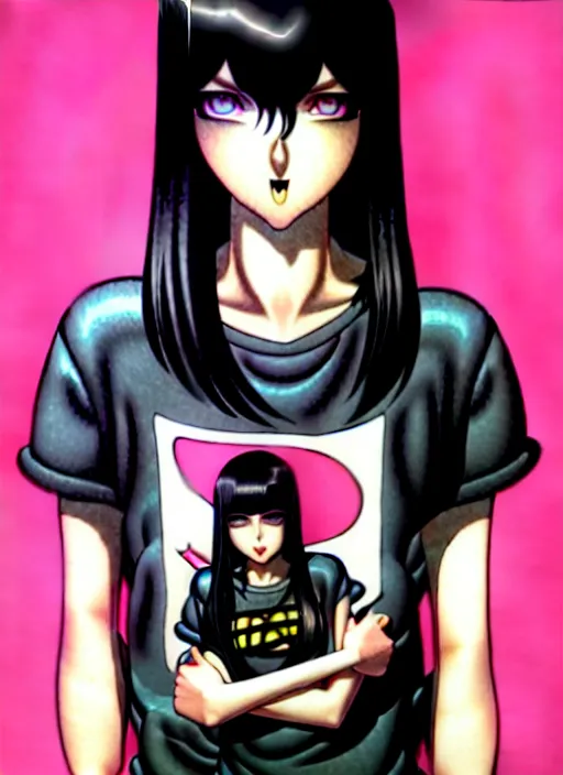 Image similar to richly detailed colored pencil 3 d illustration woman silky straight black hair with iridescence wearing nirvana logo tshirt and short black shorts, she staring at the camera happily art by range murata and artgerm.