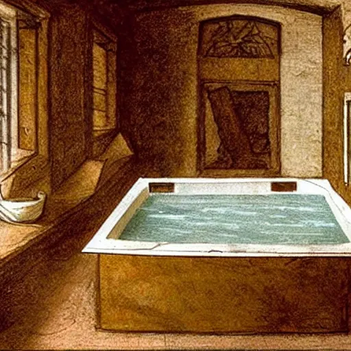 Prompt: leonardo da vinci's sketches for his new invention, the hot tub