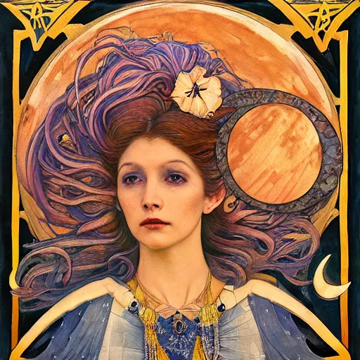 Image similar to queen of the moon with stars in her hair, by annie swynnerton and tino rodriguez and donato giancola and diego rivera and nicholas roerich and jean delville and charlie bowater and dulac, dramatic lighting, god rays, geometric tattoos, rich colors, smooth sharp focus, extremely detailed, leo and diane dillon, adolf wolfli