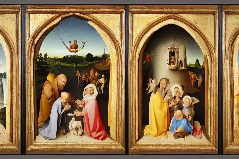 Prompt: a three panels altarpiece with nativity of pepe by Beeple and Hieronymus Bosch, renaissance style, oil painting,