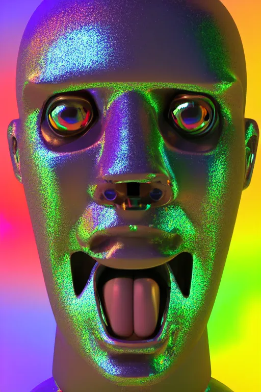 Image similar to 3d render of holographic angry human robotic screaming angry bust made of glossy iridescent, screaming, bust, surrealistic 3d illustration of a human non-binary, non binary model, 3d model human, cryengine, made of holographic texture, holographic material, holographic rainbow, concept of cyborg and artificial intelligence