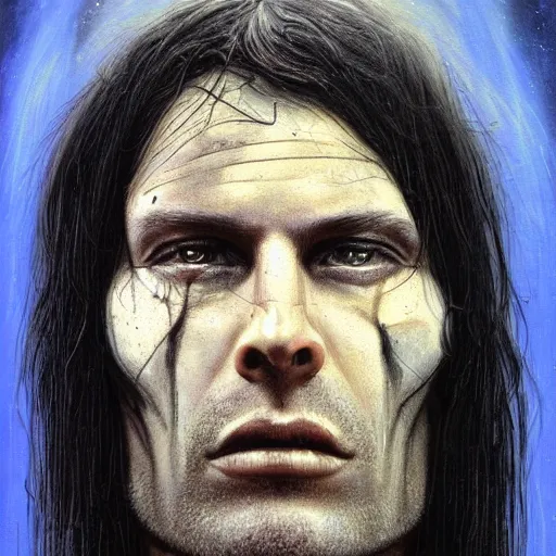 Image similar to surreal portrait of a man by Greg Rutkowski and H.R Giger, he is about 30 years old, messy long black hair, tired appearance, roman nose, peaceful but sad and resigned expression, martyred as a biomechanical transhuman cyborg god, eyes glow electric blue, cosmic void background, frightening, fascinating, highly detailed portrait, digital painting, book cover, artstation, concept art, smooth, sharp foccus ilustration, Artstation HQ.