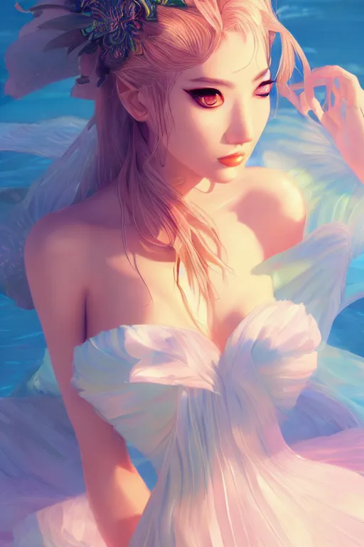 Image similar to a beautiful fashion goddness of love, chic strapless dress, tropical sea background, character design, in the style of artgerm, and wlop, cinematic lighting, hyperdetailed, 8 k realistic, symmetrical, global illumination, radiant light, frostbite 3 engine, cryengine, dof, trending on artstation, digital art