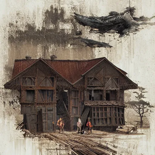 Image similar to two husbands leave each other inside broken wooden house, detailed intricate ink illustration, dark atmosphere, detailed illustration, hd, 4k, digital art, overdetailed art, concept art, by greg rutkowski, by loish, complementing colors, Trending on artstation, deviantart