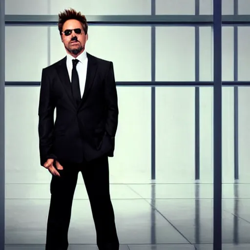 Image similar to Robert Downey Jr. with a very tired and tired face in a business black suit crossed his arms, standing indoors, background blurred, focus in the foreground, realism, details,