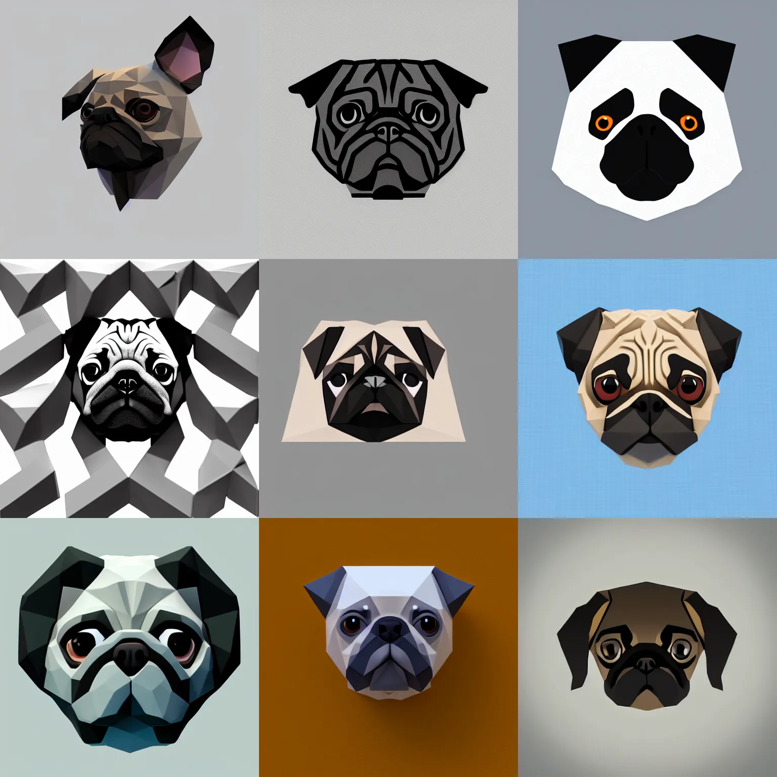 Prompt: Matte 3d low poly icon of a pug head, isometric perspective on pure white background, 3D render, lat lighting