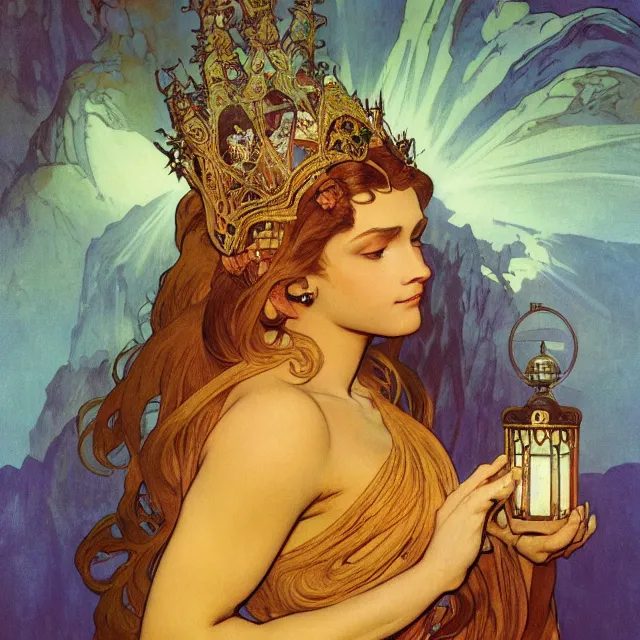 Image similar to an aesthetic! a detailed portrait of a vailed woman, with a crown, holding a lantern with mountains of gold in the background, by frank frazetta and alphonse mucha, oil on canvas, art nouveau dungeons and dragons fantasy art, hd, god rays, ray tracing, crisp contour lines, huhd