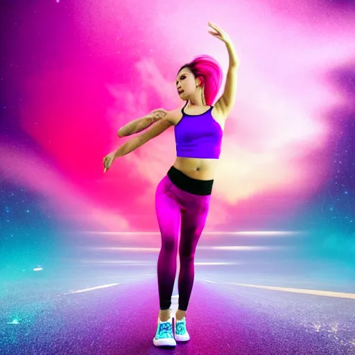 Image similar to a award winning full body shot of a beautiful woman in a croptop and leggings with a ombre purple pink teal hairstyle with head in motion and hair flying, outrun, vaporware, vivid colors, highly detailed, fine detail, intricate