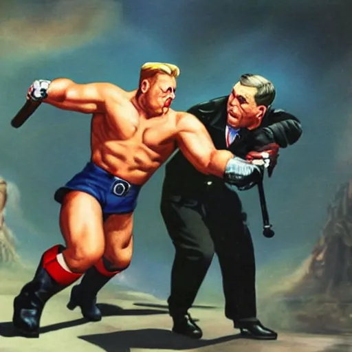 Image similar to UHD candid photo of Duke Nukem Punching Hitler, with accurate faces, UHD, photorealistic, correct faces, real hitler, photo by Annie Leibowitz