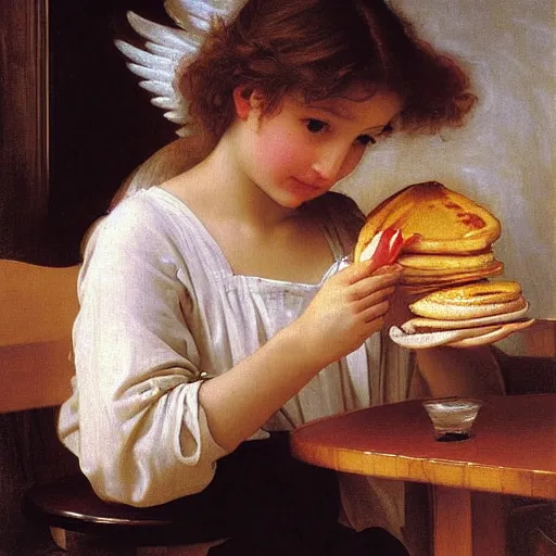 Image similar to an oil painting of an angel inside McDonald's eating pancakes, by Bouguereau, highly realistic and intricate